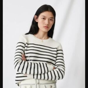 Maje Mystrip Sequined Striped Sweater Ecru Black Wool Blend Size 1 Small Women's